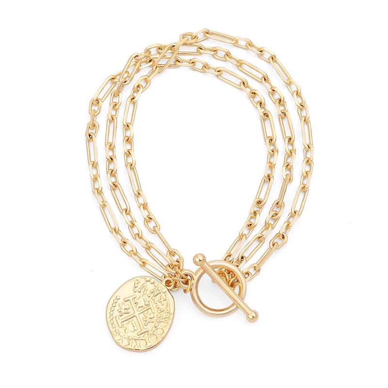 PEARLADA 3-Row 18K Gold Plated Chain Bracelet Dainty Cross Medallion Charm Bracelet OT Toggle Bangle Handmade Stacking Layering Jewelry Fashion Long and Short Oval Link Bracelet for Her - Image 1